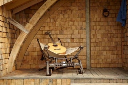 Kevin McCloud's shed with chair made from an old tractor